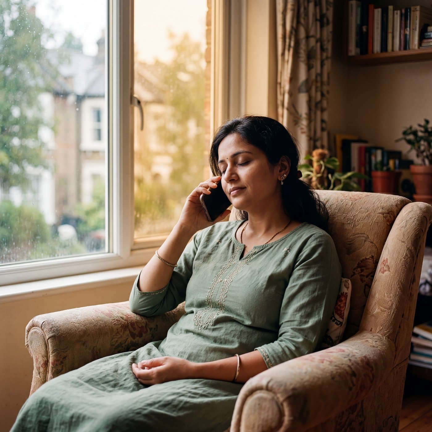 A calm person on a warm, unhurried phone call in soft morning light