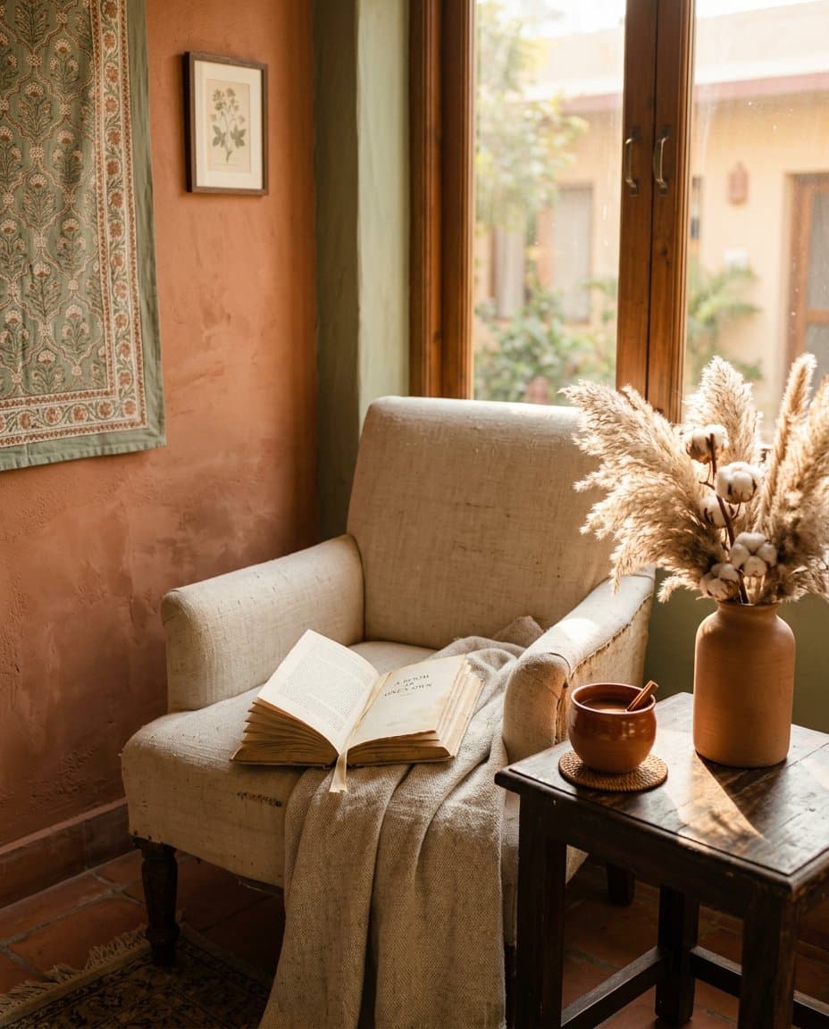 A warm, sunlit reading corner with an open book and a cup of chai